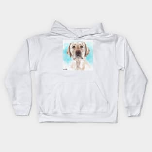 Watercolor Portrait of a Curious Yellow Labrador on a Light Blue Background Kids Hoodie